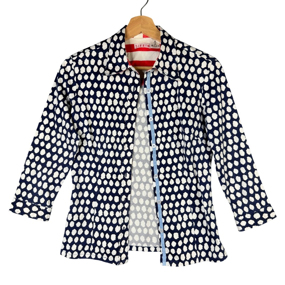 Tizzie Navy Blue White Polka Dot Cotton Stretch 3/4 Sleeve Button Down Shirt XS